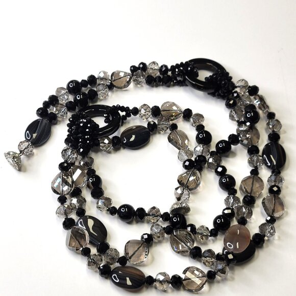 Multistrand Black Beaded Necklace Shiny Grey and Black Beaded Necklace - Picture 2 of 11